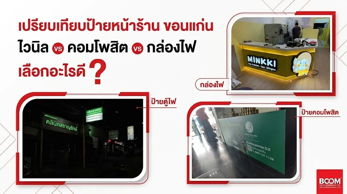 เปรียบเทียบป้ายหน้าร้าน ขอนแก่น ไวนิล vs คอมโพสิต vs กล่องไฟ เลือกอะไรดี
